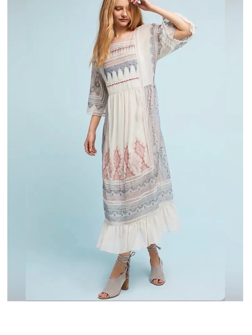 Maeve Cream Maxi Dress/coverup with rust and navy  Embroidery